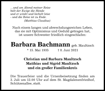Traueranzeige von Barbara Bachmann von Hildesheimer Allgemeine Zeitung