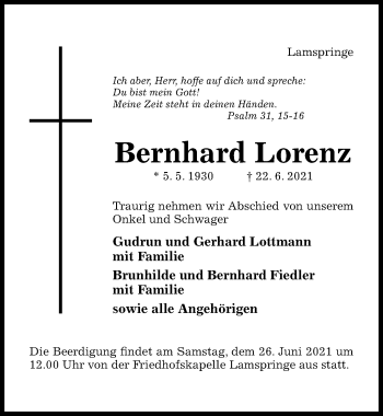 Traueranzeige von Bernhard Lorenz von Hildesheimer Allgemeine Zeitung