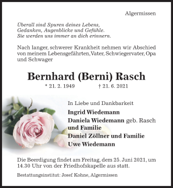 Traueranzeige von Bernhard Rasch von Hildesheimer Allgemeine Zeitung