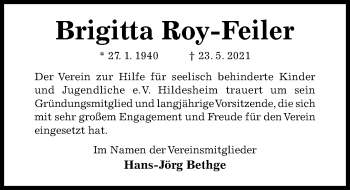 Traueranzeige von Brigitta Roy-Feiler von Hildesheimer Allgemeine Zeitung