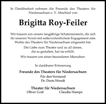 Traueranzeige von Brigitta Roy-Feiler von Hildesheimer Allgemeine Zeitung