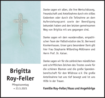 Traueranzeige von Brigitta Roy-Feiler von Hildesheimer Allgemeine Zeitung