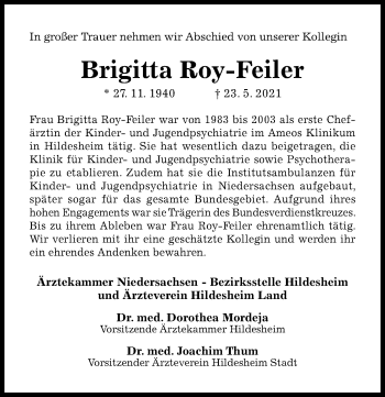 Traueranzeige von Brigitta Roy-Feiler von Hildesheimer Allgemeine Zeitung