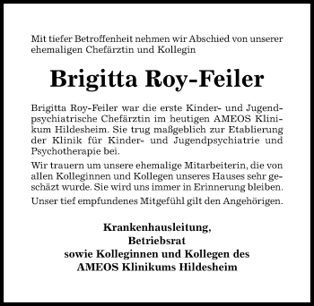 Traueranzeige von Brigitta Roy-Feiler von Hildesheimer Allgemeine Zeitung