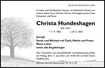Traueranzeige von Christa Hundeshagen von Hildesheimer Allgemeine Zeitung