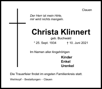 Traueranzeige von Christa Klinnert von Hildesheimer Allgemeine Zeitung