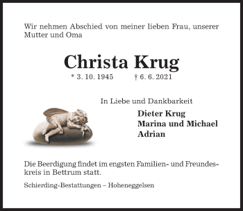 Traueranzeige von Christa Krug von Hildesheimer Allgemeine Zeitung