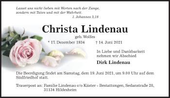 Traueranzeige von Christa Lindenau von Hildesheimer Allgemeine Zeitung