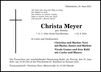 Traueranzeige von Christa Meyer von Hildesheimer Allgemeine Zeitung