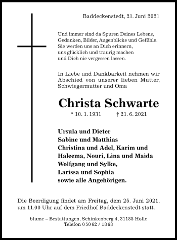 Traueranzeige von Christa Schwarte von Hildesheimer Allgemeine Zeitung