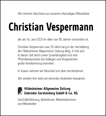 Traueranzeige von Christian Vespermann von Hildesheimer Allgemeine Zeitung