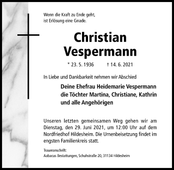 Traueranzeige von Christian Vespermann von Hildesheimer Allgemeine Zeitung