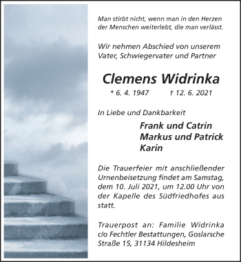 Traueranzeige von Clemens Widrinka von Hildesheimer Allgemeine Zeitung