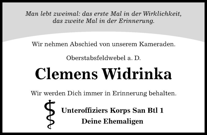  Traueranzeige für Clemens Widrinka vom 19.06.2021 aus Hildesheimer Allgemeine Zeitung