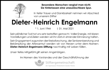 Traueranzeige von Dieter-Heinrich Engelmann von Hildesheimer Allgemeine Zeitung