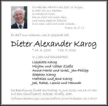 Traueranzeige von Dieter Alexander Karog von Hildesheimer Allgemeine Zeitung