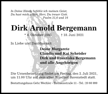 Traueranzeige von Dirk Arnold Bergemann von Hildesheimer Allgemeine Zeitung