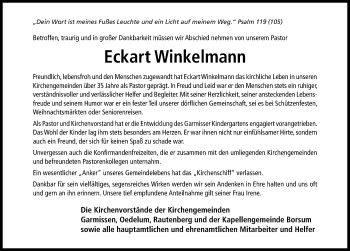 Traueranzeige von Eckart Winkelmann von Hildesheimer Allgemeine Zeitung