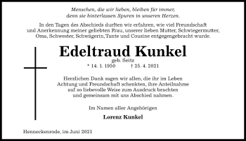 Traueranzeige von Edeltraud Kunkel von Hildesheimer Allgemeine Zeitung