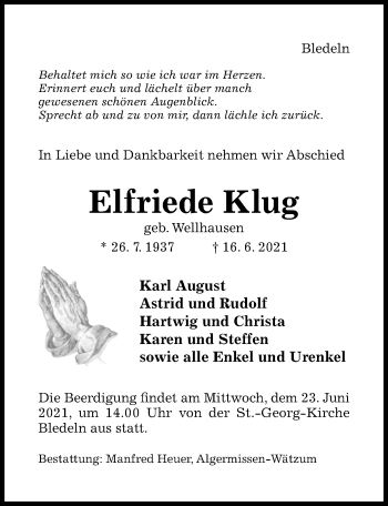 Traueranzeige von Elfriede Klug von Hildesheimer Allgemeine Zeitung