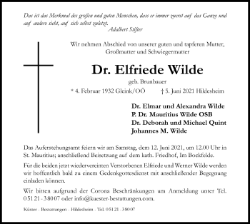 Traueranzeige von Elfriede Wilde von Hildesheimer Allgemeine Zeitung