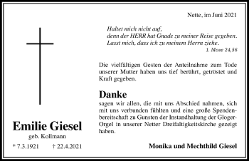 Traueranzeige von Emilie Giesel von Hildesheimer Allgemeine Zeitung