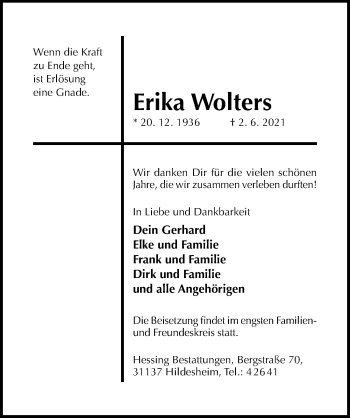 Traueranzeige von Erika Wolters von Hildesheimer Allgemeine Zeitung