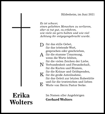 Traueranzeige von Erika Wolters von Hildesheimer Allgemeine Zeitung