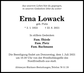 Traueranzeige von Erna Lowack von Hildesheimer Allgemeine Zeitung