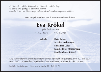 Traueranzeige von Eva Krökel von Hildesheimer Allgemeine Zeitung