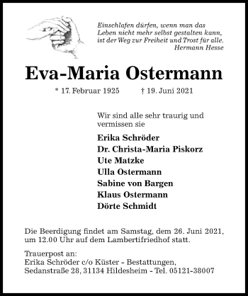 Traueranzeige von Eva-Maria Ostermann von Hildesheimer Allgemeine Zeitung
