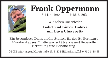 Traueranzeige von Frank Oppermann von Hildesheimer Allgemeine Zeitung