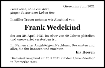 Traueranzeige von Frank Wedekind von Hildesheimer Allgemeine Zeitung