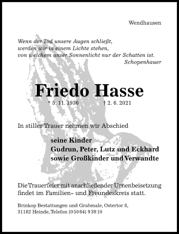 Traueranzeige von Friedo Hasse von Hildesheimer Allgemeine Zeitung