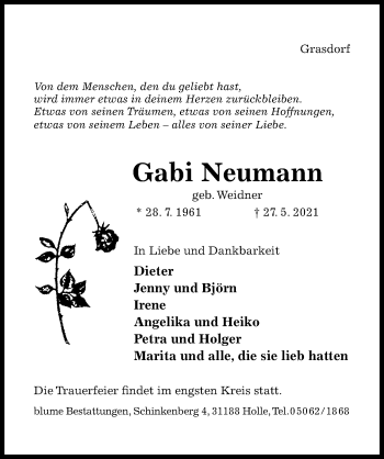 Traueranzeige von Gabi Neumann von Hildesheimer Allgemeine Zeitung