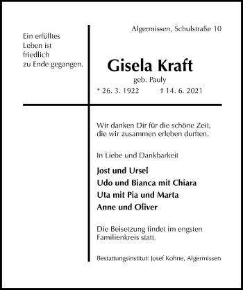 Traueranzeige von Gisela Kraft von Hildesheimer Allgemeine Zeitung