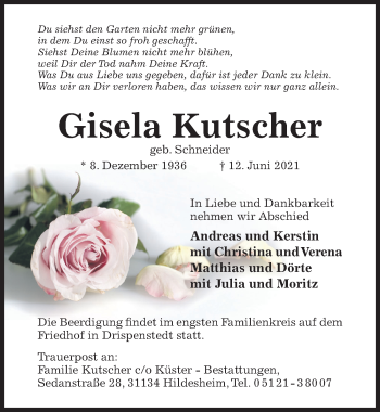 Traueranzeige von Gisela Kutscher von Hildesheimer Allgemeine Zeitung