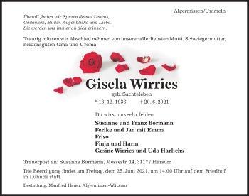 Traueranzeige von Gisela Wirries von Hildesheimer Allgemeine Zeitung