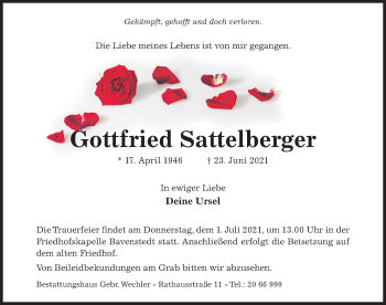 Traueranzeige von Gottfried Sattelberger von Hildesheimer Allgemeine Zeitung