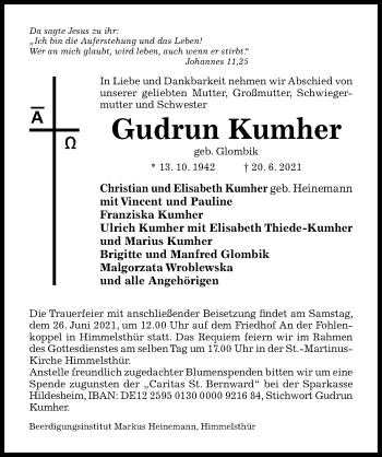 Traueranzeige von Gudrun Kumher von Hildesheimer Allgemeine Zeitung