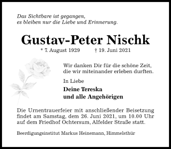 Traueranzeige von Gustav-Peter Nischk von Hildesheimer Allgemeine Zeitung