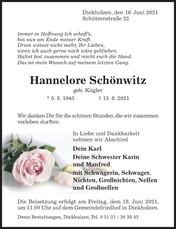 Traueranzeige von Hannelore Schönwitz von Hildesheimer Allgemeine Zeitung
