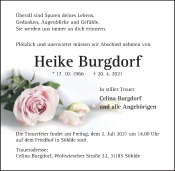 Traueranzeige von Heike Burgdorf von Hildesheimer Allgemeine Zeitung