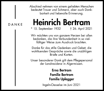 Traueranzeige von Heinrich Bertram von Hildesheimer Allgemeine Zeitung