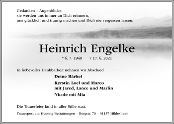 Traueranzeige von Heinrich Engelke von Hildesheimer Allgemeine Zeitung
