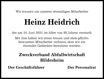 Traueranzeige von Heinz Heidrich von Hildesheimer Allgemeine Zeitung