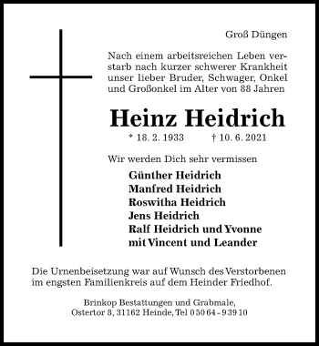 Traueranzeige von Heinz Heidrich von Hildesheimer Allgemeine Zeitung