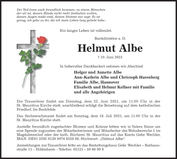 Traueranzeige von Helmut Albe von Hildesheimer Allgemeine Zeitung