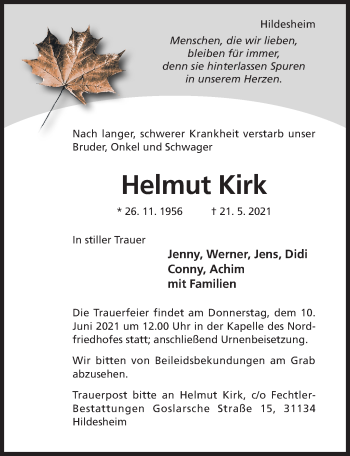 Traueranzeige von Helmut Kirk von Hildesheimer Allgemeine Zeitung
