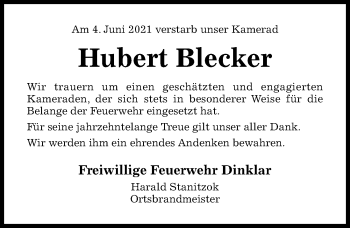 Traueranzeige von Hubert Blecker von Hildesheimer Allgemeine Zeitung